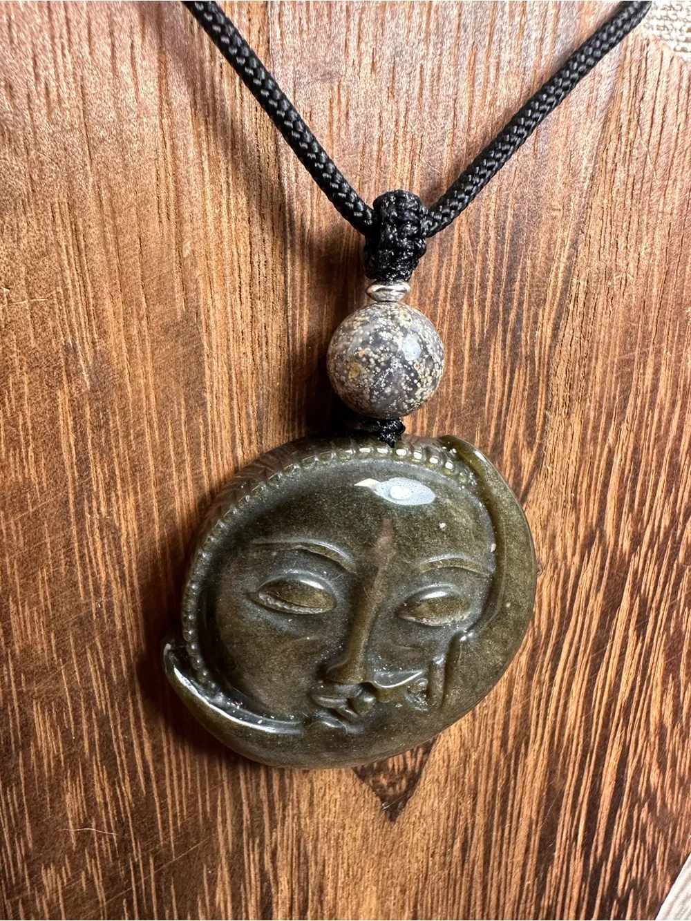 Golden Obsidian Sun Moon Face Pendant on Adjustable Black Rope